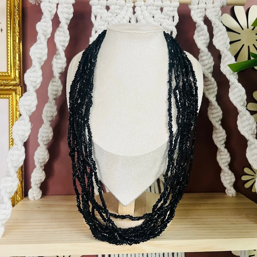 Vintage Multi-Layered Glass Beaded Necklace | Black Statement Jewelry | Gothic